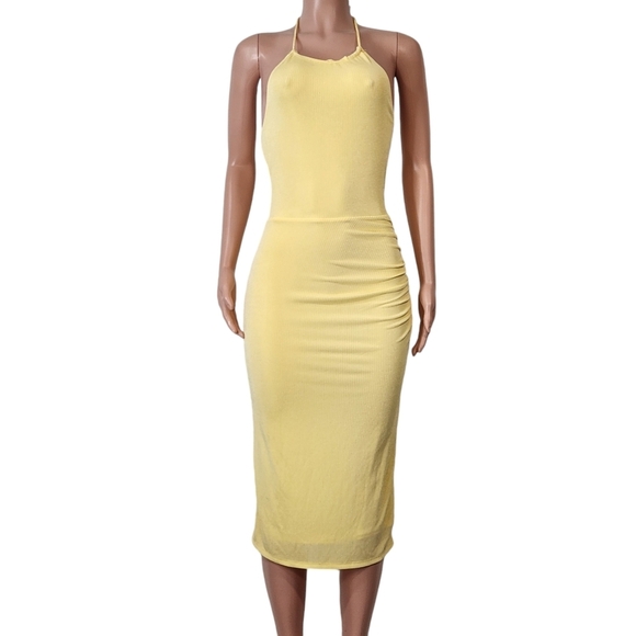 Wayf Dresses & Skirts - Nordstrom Wayf NWT Yellow Halter Scrunched Leg Fitted Dress Sz XS